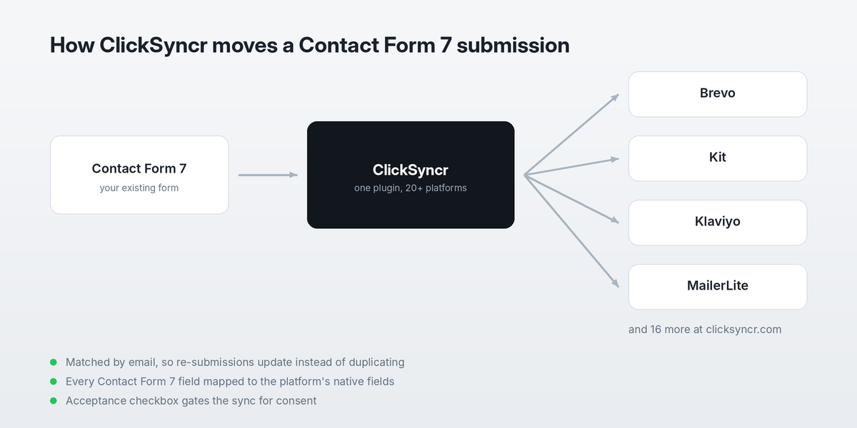 ClickSyncr routing a Contact Form 7 submission to Brevo, Kit, Klaviyo and MailerLite