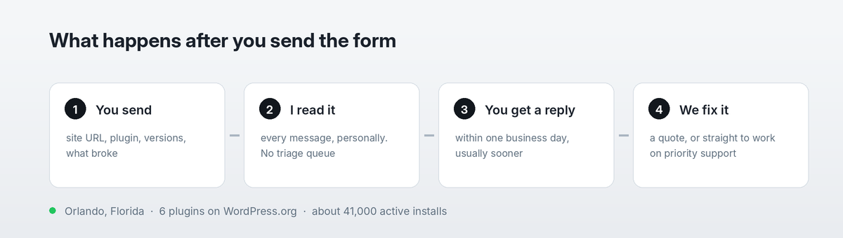 What happens after you send the form: you send details, I read it, you get a reply within one business day, then we fix it